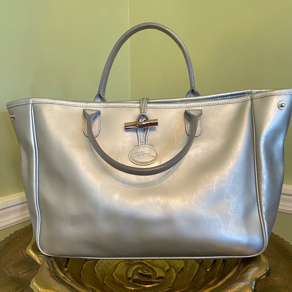 Women's Metallic Silver Shoulder Bag with Top Handles
